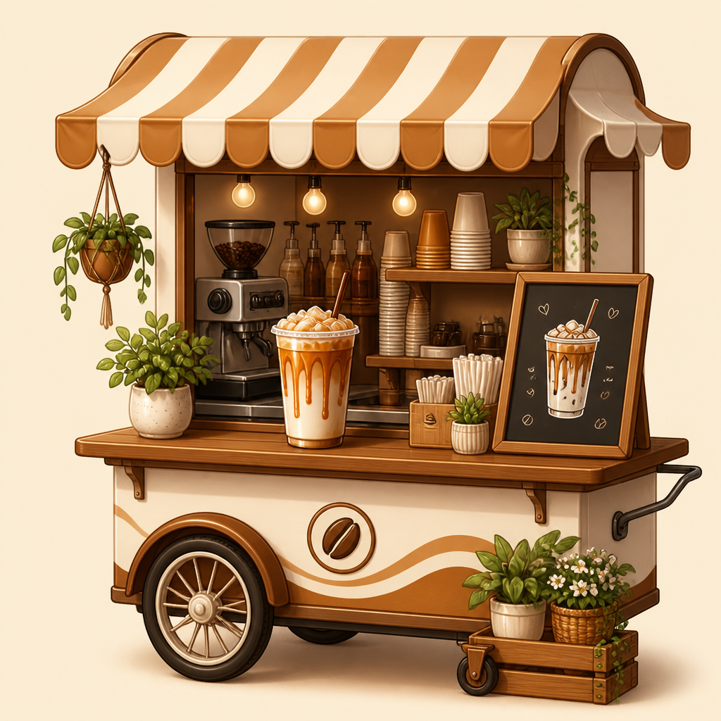 Cute mobile coffee cart serving iced caramel lattes